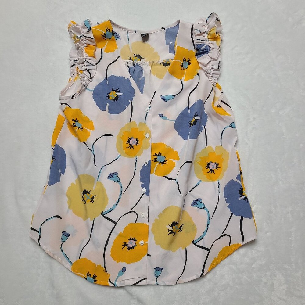Shein Womens Size M Floral Sleeveless Blouse Yellow & Blue Flowers Ruffle Trim - Picture 8 of 8